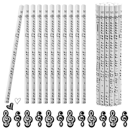 Conjunto de 36 artigos de papelaria temáticos musicais 24 lápis notas musicais de madeira, lápis redondos 12 borrachas de apagar com símbolos musicais para estudantes, crianças, presentes de