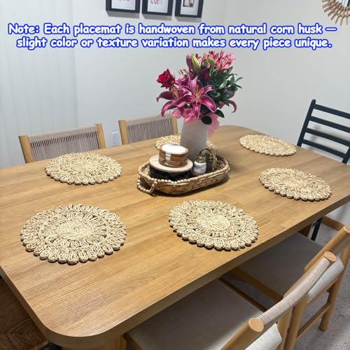 Image of 13.8 inch Set 6 Round Corn Husk Placemats | Boho Woven Rattan Table Mats | Natural Spring Farmhouse Plate Chargers | Handmade Rustic Wicker Place Mats for Christmas Wedding