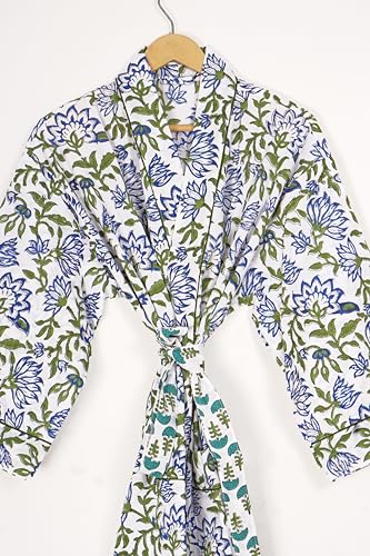 Image of Generic Cotton Hand Block Print Kimono Robes for Women, Long Length Floral Print Nightgown, Bikani cover- up cotton kimono (Cotton, White,Blue, Green)