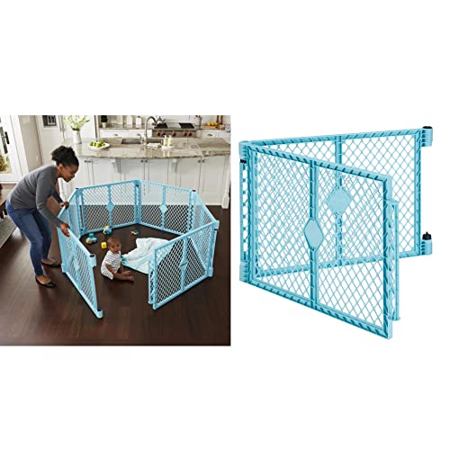 Image of Toddleroo by North States Superyard Indoor/Outdoor 6-Panel Baby Play Yard with 2-Panel Extension Bundle, Made in USA: Freestanding. 18.5 sq. ft. to 34.4 sq. ft. Enclosure (26" Tall, Aqua)