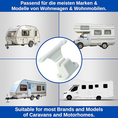 Türfeststeller für Wohnwagen, 2 Pack, in Weiß, zum Anschrauben, mit 35 mm und 48 mm Lochabstand, Türschloss Stauraum-Tür Camper, Türhalter Serviceklappe Wohnmobil, Türschnapper Campervan, Türsicherung