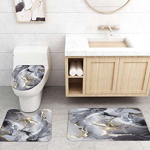 Rlhhug Black Gray Gold Marble Bathroom Sets With Rugs For Bathroom Decor, 72X72 Inches Gold Shower Curtain With Non-Slip Rugs And Accessories, Waterproof Machine Washable Bath Curtain #TOP6
