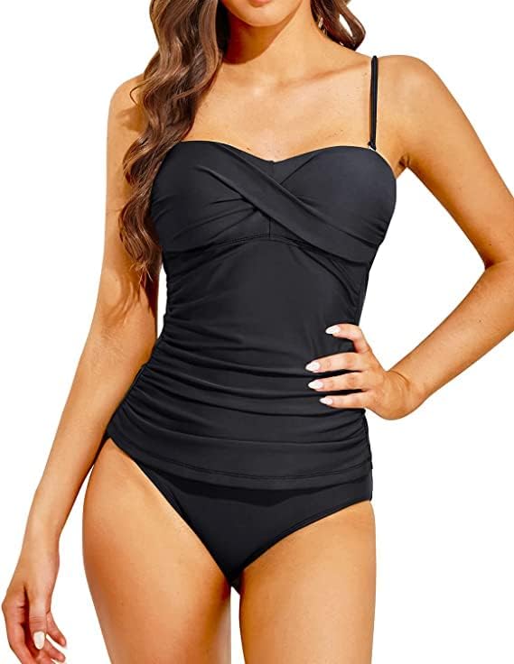 GenericTummy Control Bathing Suits Twist Front Tankinis Top with Swim Shorts,Two Piece Bandeau Tankini Swimsuits for Women