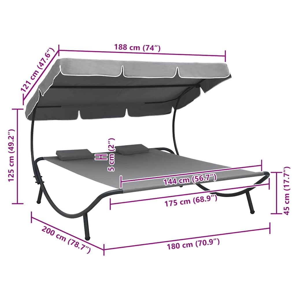 vidaXL Tumbona de Exterior con Dosel y Almohadas Gris