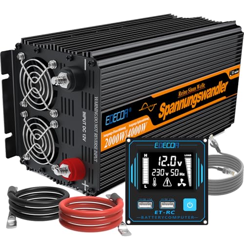 EDECOA 2000W/4000W, 12V/230V Reine Sinuswellen-Wechselrichter, Bemessungsleistung 2000 Watt, 12V DC bis 230V AC Solarinverter mit LCD-Fernbedienung, USB und Typ-C Schnittstellen verfügbar, EU Standard