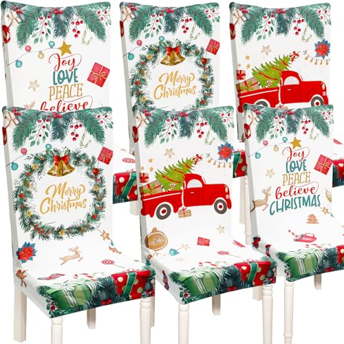 Peryiter 6 Pcs Christmas Chair Covers Kitchen Dining Room Chair Covers Set of 6 Removable Washable Parson Chair Covers Holiday Stretch Dining Chair Slipcovers Furniture Protector for Xmas Party