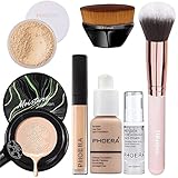 PHOERA Full Coverage Makeup Set - Mushroom Head Air Cushion CC Cream Natural Foundation, Concealer, Primer, Powder & Foundation Brushes (102 Nued +02 Natural CC)
