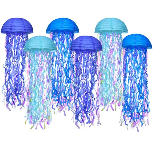 Hanging Jellyfish Paper Lanterns - HOYECHI Gradient Colorful Decor for Mermaid Theme Party, Ocean Birthday, Baby Shower, Nursery, Set of 6