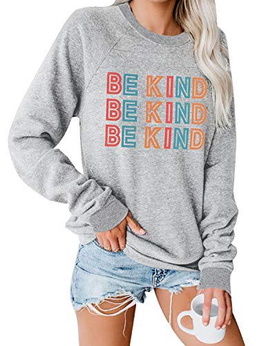 Blooming Jelly Women's Cute Graphic Sweatshirt Be Kind Crewneck Raglan Long Sleeve Pullover Top (X-Large, Grey)