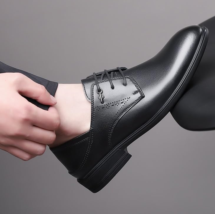 Men's Genuine Leather Lace Up Oxfords Comfort Wide Pointed Toe Non-Slip Dress Shoes Men Formal Business Casual Oxford Suit Tuxedo Patent Leather Shoes(Black,7)4
