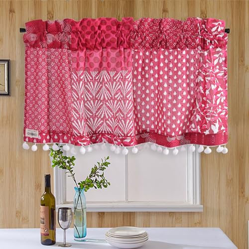 Image of Ravaiyaa - Attitude is everything Hand Printed Half Window Kitchen Curtain 100% Cotton Short Drapery Valance Curtain 40 inch X 18 inch Inch (Magenta Patchwork)