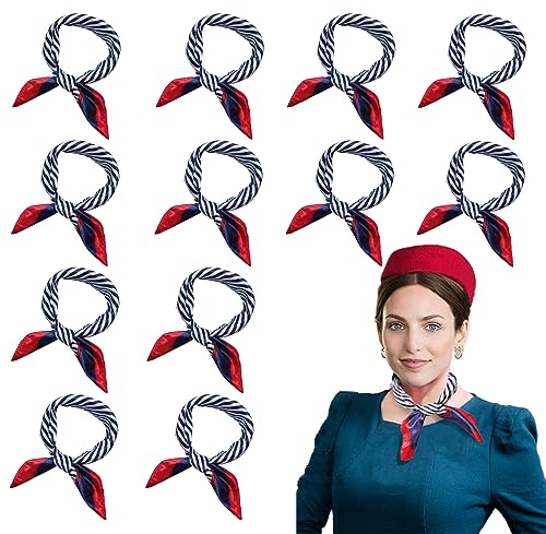 12 Pieces Sailor Scarf Red White and Blue Flight Attendant Imitated Silk Neck Scarf for Women Ladies Stewardess