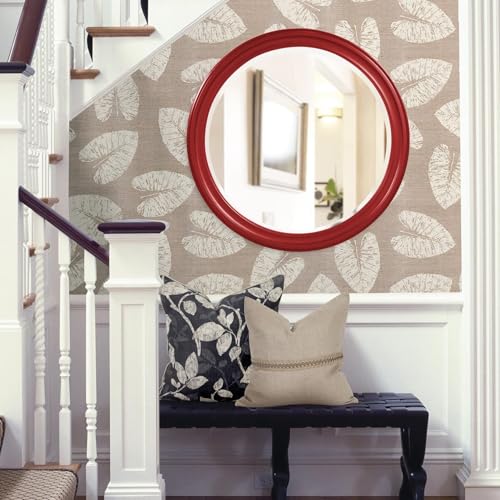 Image of Howard Elliott Collection George Round Glossy Red Wall Mirror, Bevelled Vintage Hanging Wood Framed Vanity Mirrors for Home Decor, Living Room, Bathroom, Bedroom, or Hallway, 36 Inch Round