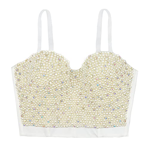 ELLACCI Sexy Pearls Beaded Rhinestone Bustier Crop Top Push up Corset Top with Detachable Straps3