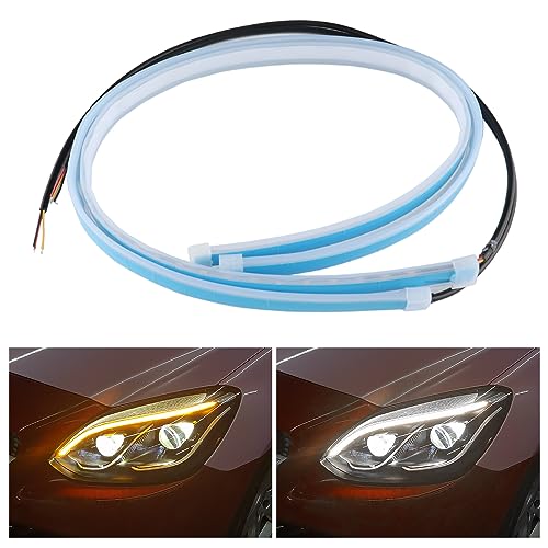2PCS White-Amber Streamers LED Light Strip for Head Light Day Running Light/Turn Signal Bulbs, Cuttable & Waterproof, Universal 12V Exterior Car LED Light Truck SUV Decorations