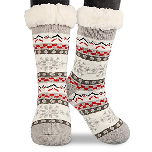 Magicfun Femme Chaussons Chaussettes, 1 Paire Fille Chaud épais en tricot Jacquard Chausson, Noël Chaussettes en Laine dhiver, Chaussette de Lit Chauds Douillets Antidérapantes(Gris)