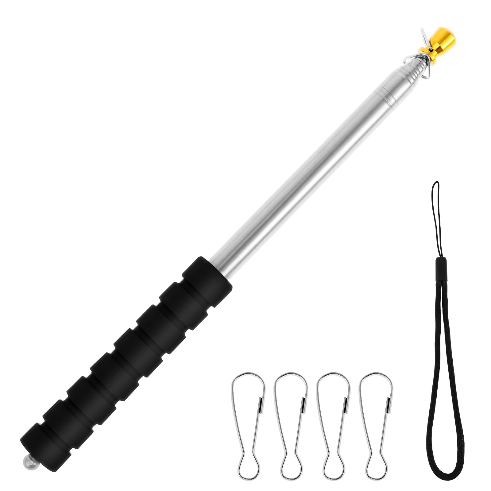 BOBASH Stainless Steel Telescopic Handheld Flagpole, 250cm Extendable Retractable Flag Pole with Anti-Slip Sponge Handle, Wrist Lanyard & 4 Hooks for Tour Guide Sports Events Travel