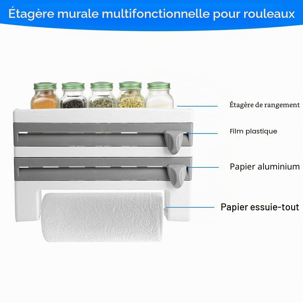 Dérouleur Mural 3-en-1 pour Film Alimentaire, Sopalin et Épices, Support de Rangement Cuisine avec Lames Tranchantes, Gris
