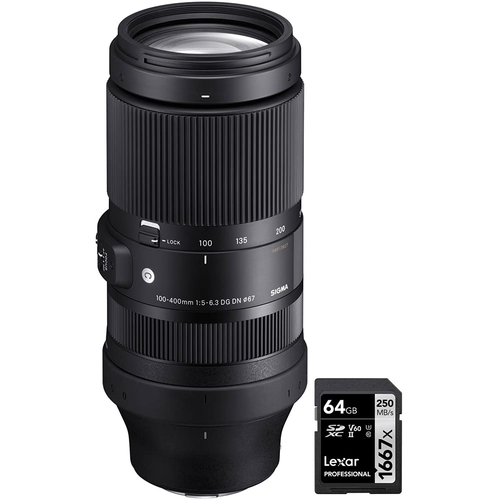 Sigma 750965 100-400mm F5-6.3 DG DN OS Contemporary Full Frame Lens for Sony E Mount Bundle with Lexar Professional SDHC/SDXC 1667x UHS-II 64GB Memory