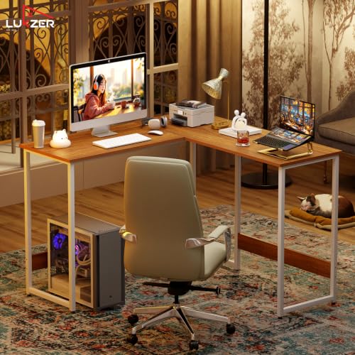 Image of Lukzer L-Shaped Study Table for Home or Office (MST-007 /White & Oak Brown) Metal & Engineered Wood Corner Computer Desk, Laptop & Gaming Station for Students and WFH (110 x 110 x 75 cm) Easy DIY