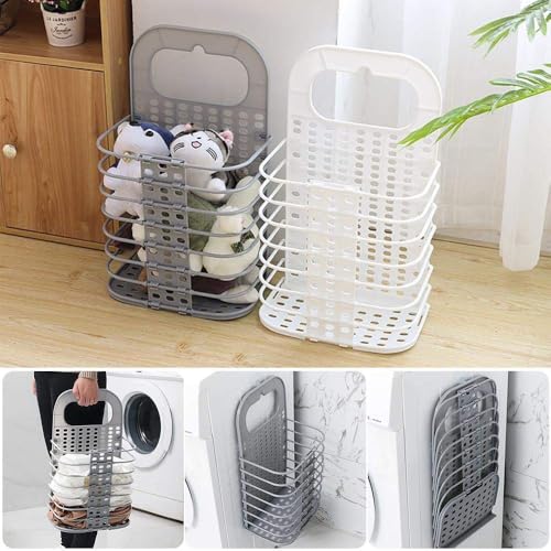 Image of Wall Mounted Bathroom Hanging Mesh Laundry Basket Toiletry Organization Washing Bin Home Portable Magic Sticker Plastic Laundry Hamper Bag for Bathroom Dirty Clothes