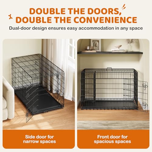 Image of Yaheetech 48in Double Door Metal Dog Crate w /Divider for Puppy Indoor Use | Heavy-duty Sturdy Metal Frame, Easy Assemble, Fold Up for Travel, Removable Tray, Ideal for Puppies, Medium to Large Dogs