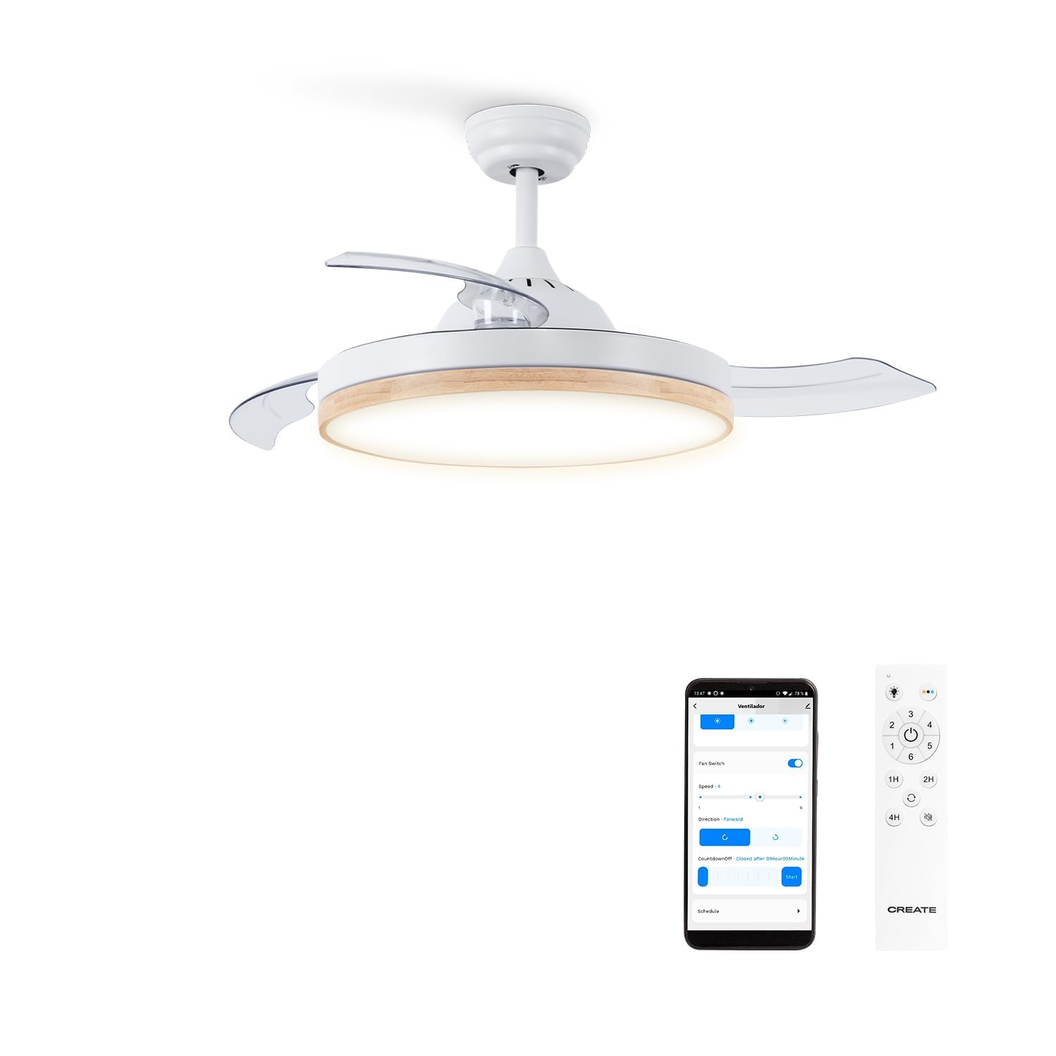 CREATE / WIND CLEAR M/Ventilador de techo con luz madera clara con mando y Wifi / 40W, Ø108 cm, temporizador, 6 velocidades, aspas retráctiles, 3 temperaturas de luz, función verano-invierno