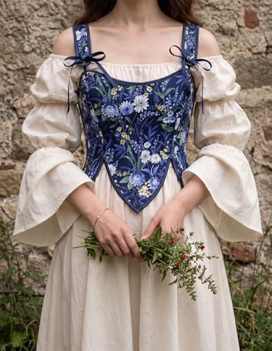 Image of SCARLET DARKNESS Corset Tops for Women Renaissance Costume Floral Lace Up Boned Bustier with Zip