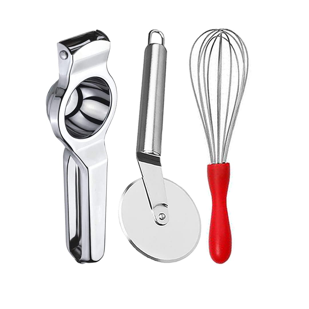 Oc9 Stainless Steel Lemon Squeezer & Pizza Cutter & Egg Whisk for Kitchen Tool Set