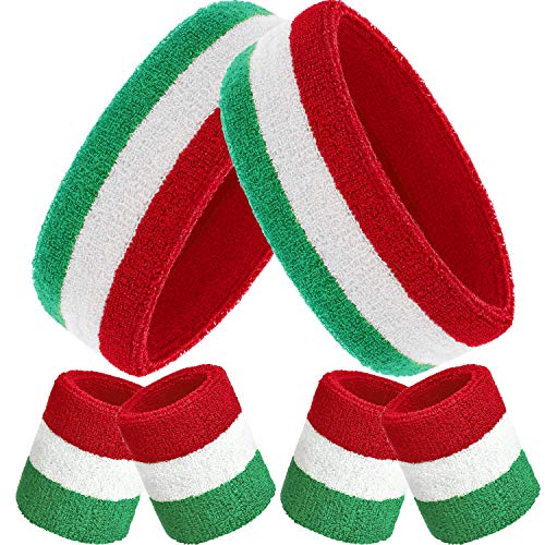 Bandeau sport et poignets en coton coloré rouge blanc vert | Set de 6 pièces