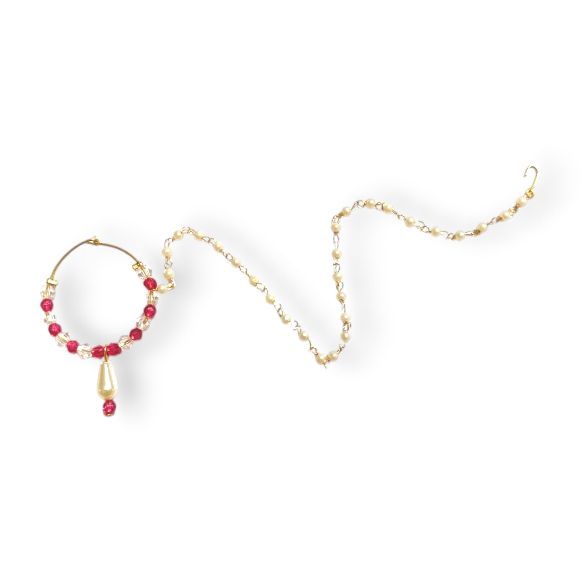 Gold Plated Traditional Piercing Delicate Nose Ring/Nath with Pearls Chain for Women and Girls Pack of 1-image-12