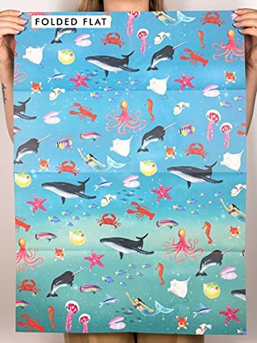 Fish Wrapping Paper - (x6) Sheets Childrens Gift Wrap - Kids Birthday - Turtle Shark Lobster - For New Baby Boy - Girl - Teal Blue - Recyclable - By Central 23