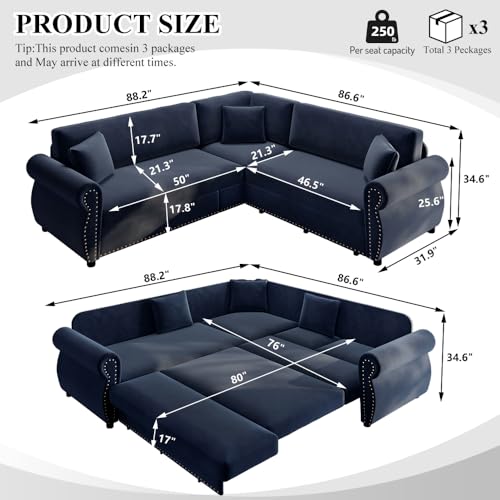 Image of KCGKCG 88.2 inch Sleeper Sofa Bed, Sectional Couches for Living Room /Apartment, Chenille L Shaped Couch with Pull Out Couch Bed, Convertible Sectional Sofa with Rolled Arm & Nailhead Trim, Blue