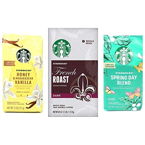 Starbucks Whole Bean and Ground Coffee Variety Pack - Ground Honey and Madagascar Vanilla (11 oz), Ground Spring Day Blend (10 oz), and Whole Bean French Roast (40 oz) - 61 oz Total