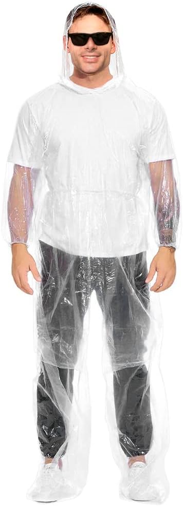 DUEBEL 50-Pack Bulk Disposable Rain Poncho and Pant Suits, Emergency Ponchos with Hood and Pant, PVC Rain Coat Suit for Rain and Splash Protection, One Size Fits All