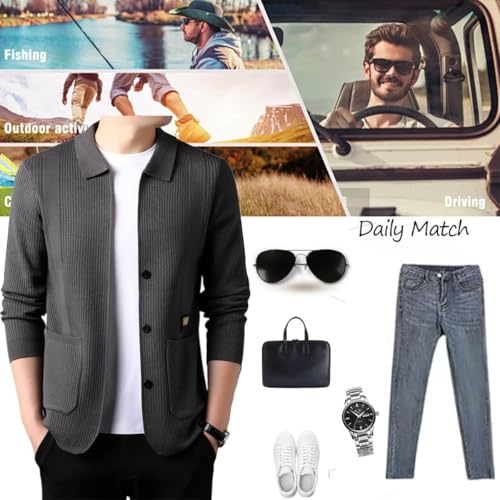 Men's Lapel Knitted Long Sleeve Coat,Business Casual Knitted Sweater,Button Up Slim Fit Knit Sweater Cardigans with Pockets2