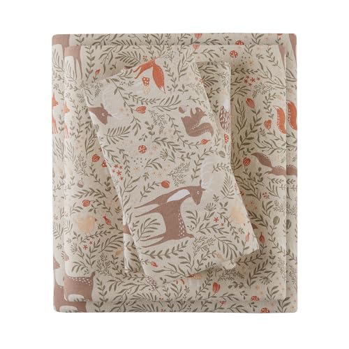 Comfort Spaces Cotton Flannel Sheets Twin XL Size Ultra Soft Flannel Sheet Set with 12 Elastic Pocket Novelty Print Warm Flannel Bedding Taupe Woodland Forest 3 Piece