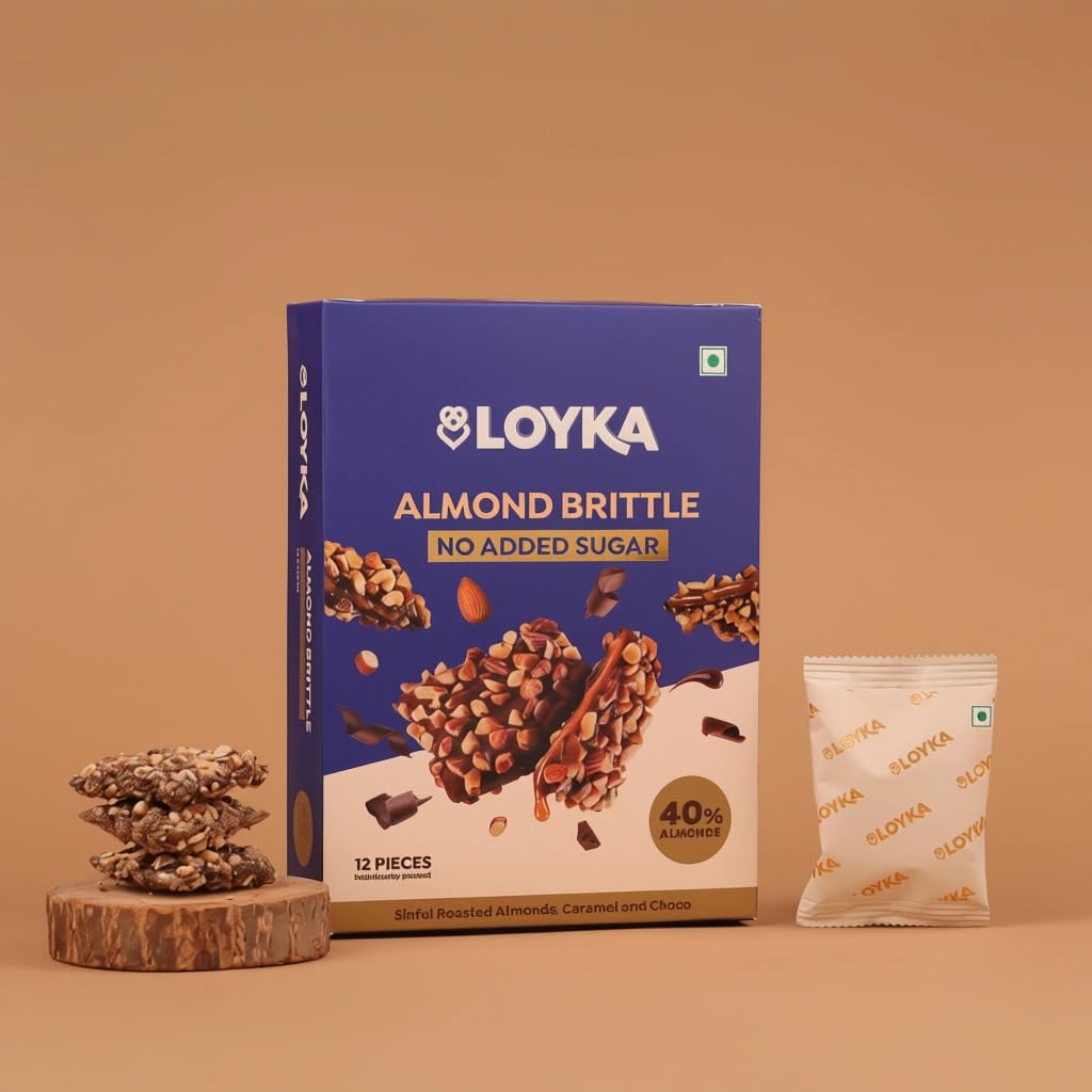 LOYKA Almond Brittle No Added Sugar Choco Box - 12 Pcs,Diet Friendly,No Refined Sugar Added,Healthy Guilt-Free Morning/Evening Snack,Better-for-You Snack,Roasted California Almonds (40%) - 204 gm