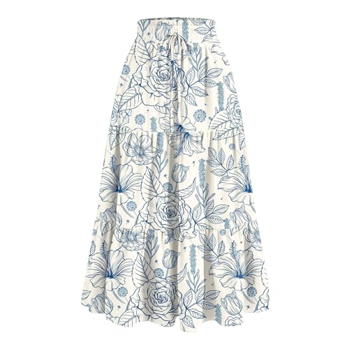 Women's Boho Outfits Floral Maxi Skirts Summer Pleated High Waisted Casual Long Skirt Flowy Dress, S-2XL