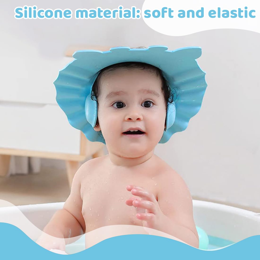 2 cuffie da doccia per bambini con protezione per le orecchie, ausili per lo shampoo, cuffie per il lavaggio dei capelli dei neonati (disegno con orso blu).