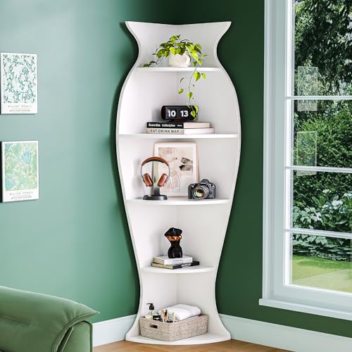 Nivisre Small Corner Shelf, 5-Tier Vase-Shaped Bookcase Organizer for Living Room Decor, Bedroom, and Office, Modern Freestanding Corner Bookshelf for Storage and Display, Vases Home Decor Accent