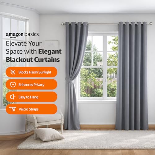 Image of Amazon Basics - Room Darkening Blackout Door Curtains, 100% Room Darkening | 9 Feet |Set of 2| Plain Design | for Living Room and Bedroom | 115cmx274cm, Color- Grey