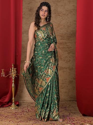 Image of Satrani Women's Crepe Foil Printed Weaving Banarasi Saree with Unstitched Blouse Piece