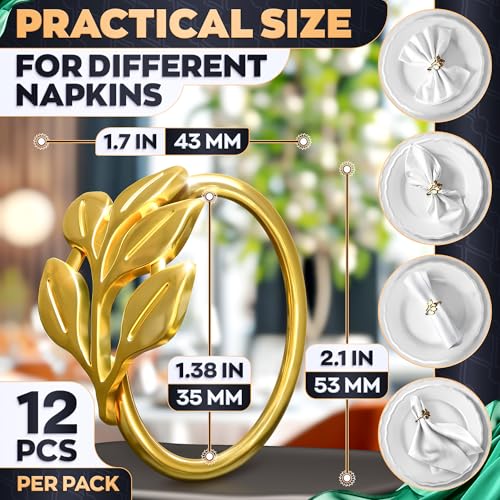 Image of Easter Gold Napkin Rings Set of 12 - Gold Leaf Napkin Rings Set | Elegant Design Napkin Ring Holders for Easter Table Decorations, Festive Dinners, Special Events & Holidays, Kitchen Gifts for Hosts