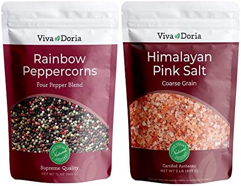 Viva Doria Rainbow Peppercorns Blend 12 oz & Himalayan Pink Salt, Coarse Grain, 2 lb – Steam Sterilized Mixed Whole Peppercorns and Coarse Salt for Grinder Refills, 2-Set Combo Pack