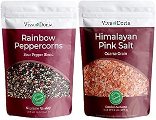 Viva Doria Rainbow Peppercorn Blend (Steam Sterilized Whole Black, White, Green and Pink Peppercorn) 12 oz and Himalayan Pink Salt (Coarse Grain) 2 lbs for Grinder Refills