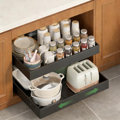 2-Pack-Expandable-Pull-Out-Cabinet-Organizers, No Drill Slide Out Drawers | Adjustable Pull Out Shelf With Raising Pad For Kitchen Framed Cabinet, Heavy Duty Sliding Roll Out Drawers Inside Cabinet