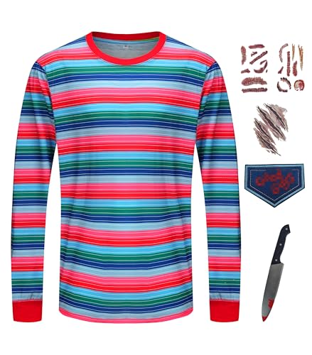 Tuoweey Halloween Costume for Men Horror Rainbow Striped Tee Casual Long Sleeve Shirt Tops (L,Striped-C)