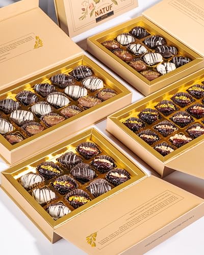 Image of NATUF Dates Chocolate Gift Box - White & Dark Chocolate Coated Dates | Luxurious Middle Eastern Treat | Premium Chocolate Dates Sweet Gift Box for Gifting & Snacking | 100% Plant-Based Healthy Snack | 4 Pcs (68g)