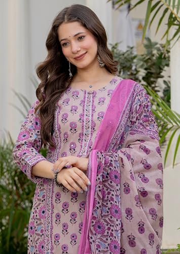 Image of Amayra Women's Pure Cotton Straight Kurta Set with Palazzo Pants & Dupatta|Ethnic wear|Kurta Set for Women